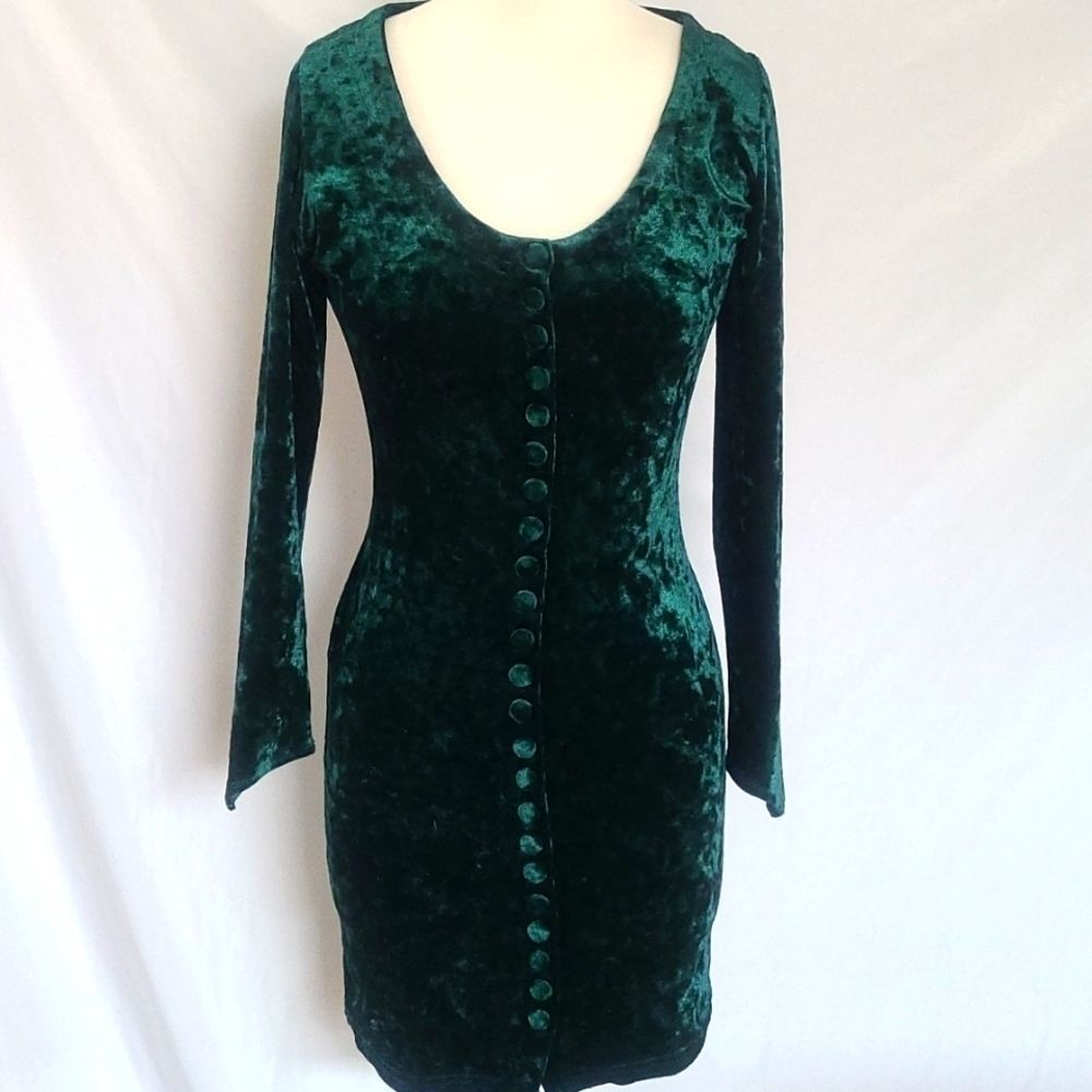 LULY K Velvet Dark Green Mini Dress